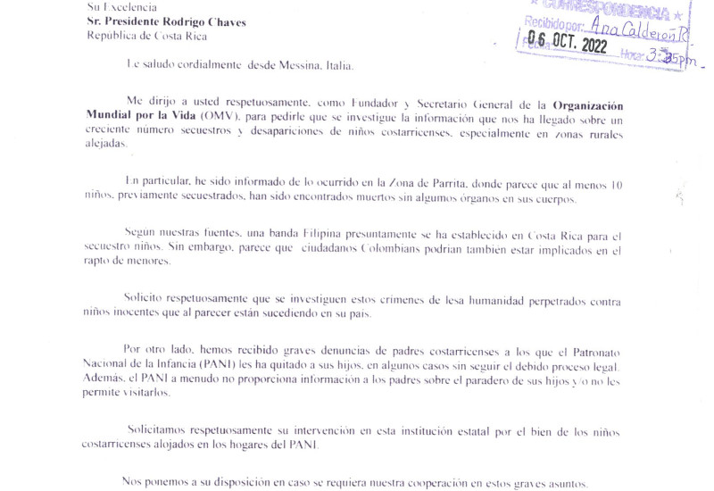 Giorgianni chiede aiuto al Presidente del Costa Rica per fermare la tratta di bambini